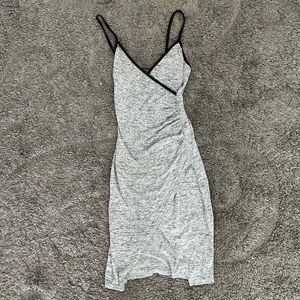 Gray Spaghetti Strap V-Neck Bodycon Ruched Dress with Front Slit Size Med NWOT